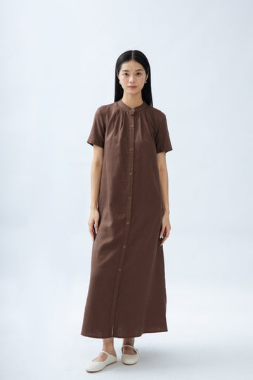Short Sleeve Button Down Maxi Dress (Brown)