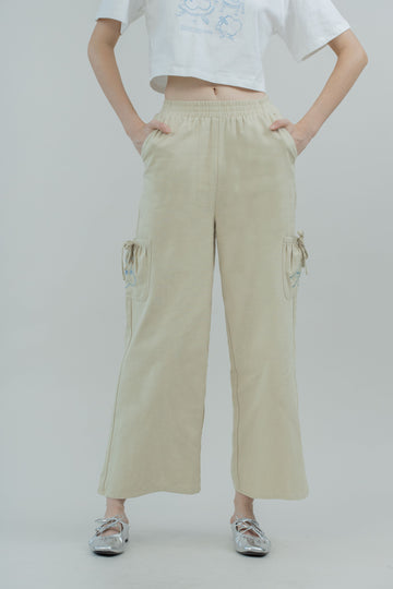 LULU & FRIENDS Embroidery Pockets Elastic Pants (Beige)