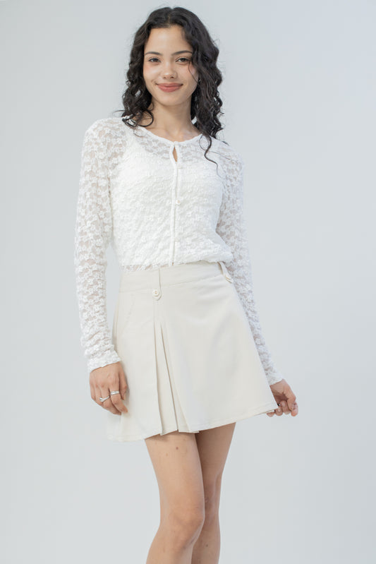 Triple Pleats A-Line Short Skirt (Khaki)