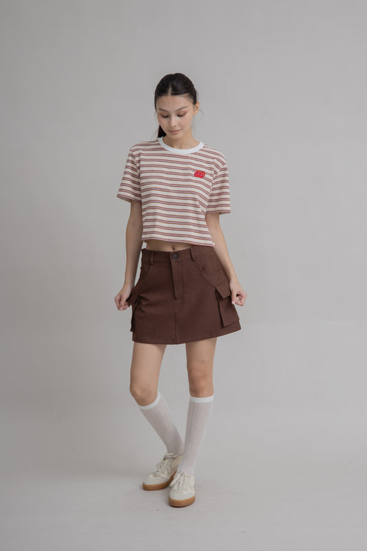 LULU Embroidery Stripes Crop Tee (Beige Stripes)