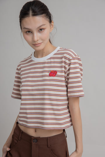LULU Embroidery Stripes Crop Tee (Beige Stripes)