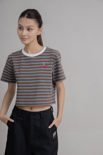 LULU Embroidery Stripes Crop Tee (Brown Stripes)