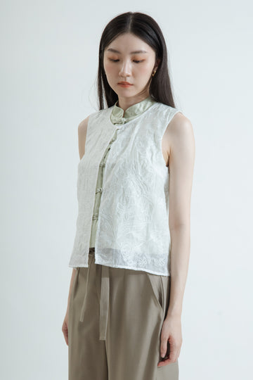 Sheer Layered Embroidery Cheongsam Top (Pastel Green)