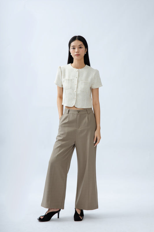 Tweed Double Pocket Short Sleeve Top (Beige Mix)
