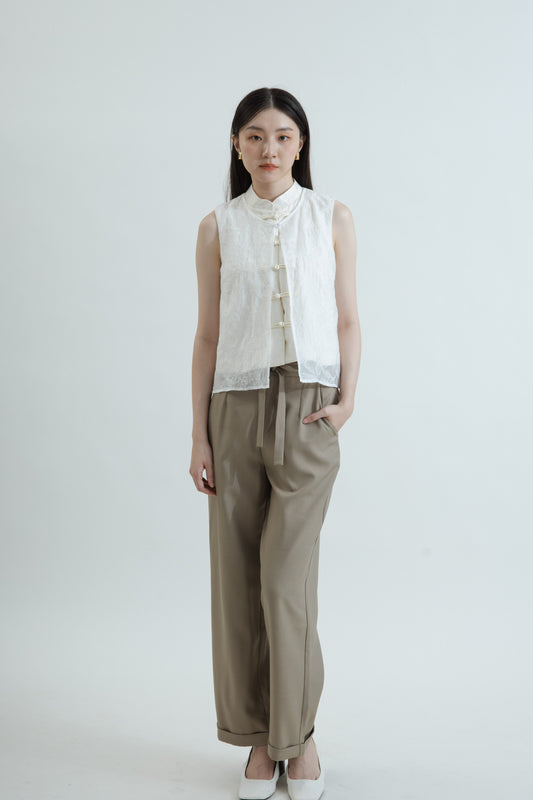 Sheer Layered Embroidery Cheongsam Top (Beige)