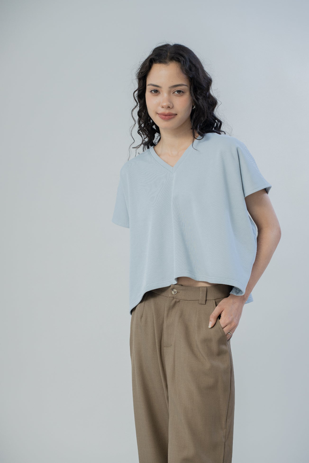 V-Neck Cotton Boxy Top (Blue)