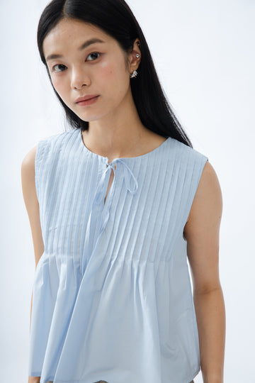 Sleeveless Pintuck Front-Tie Top (Light Blue)