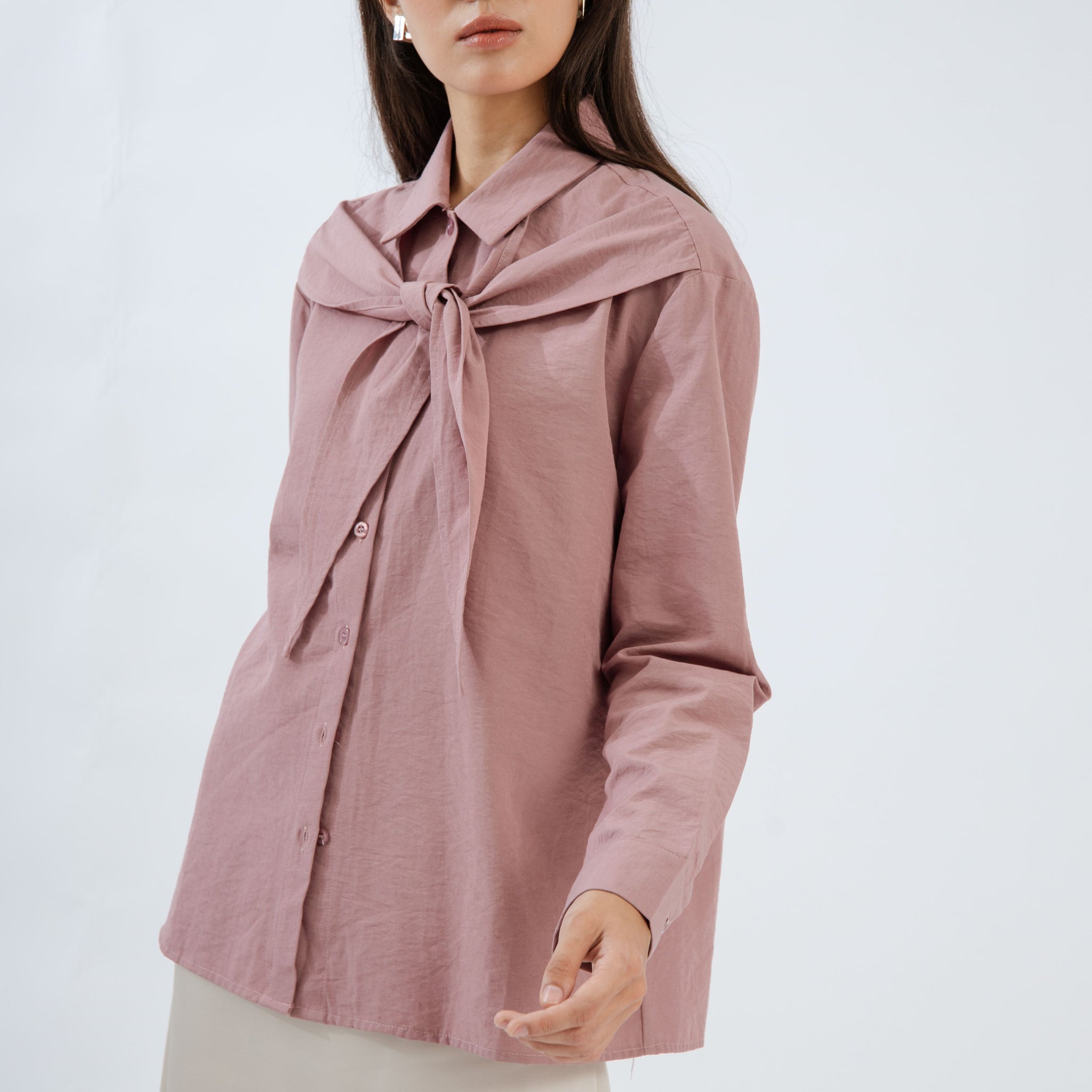 Front-Tie Collared Long Sleeve Blouse (Dusty Rose)