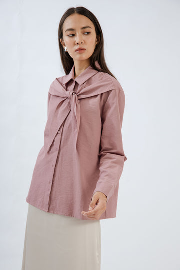 Front-Tie Collared Long Sleeve Blouse (Dusty Rose)