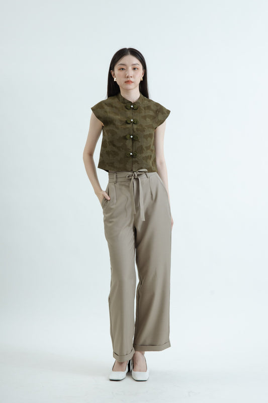 Sleeveless Bloom-Button Cheongsam Top (Dark Green)