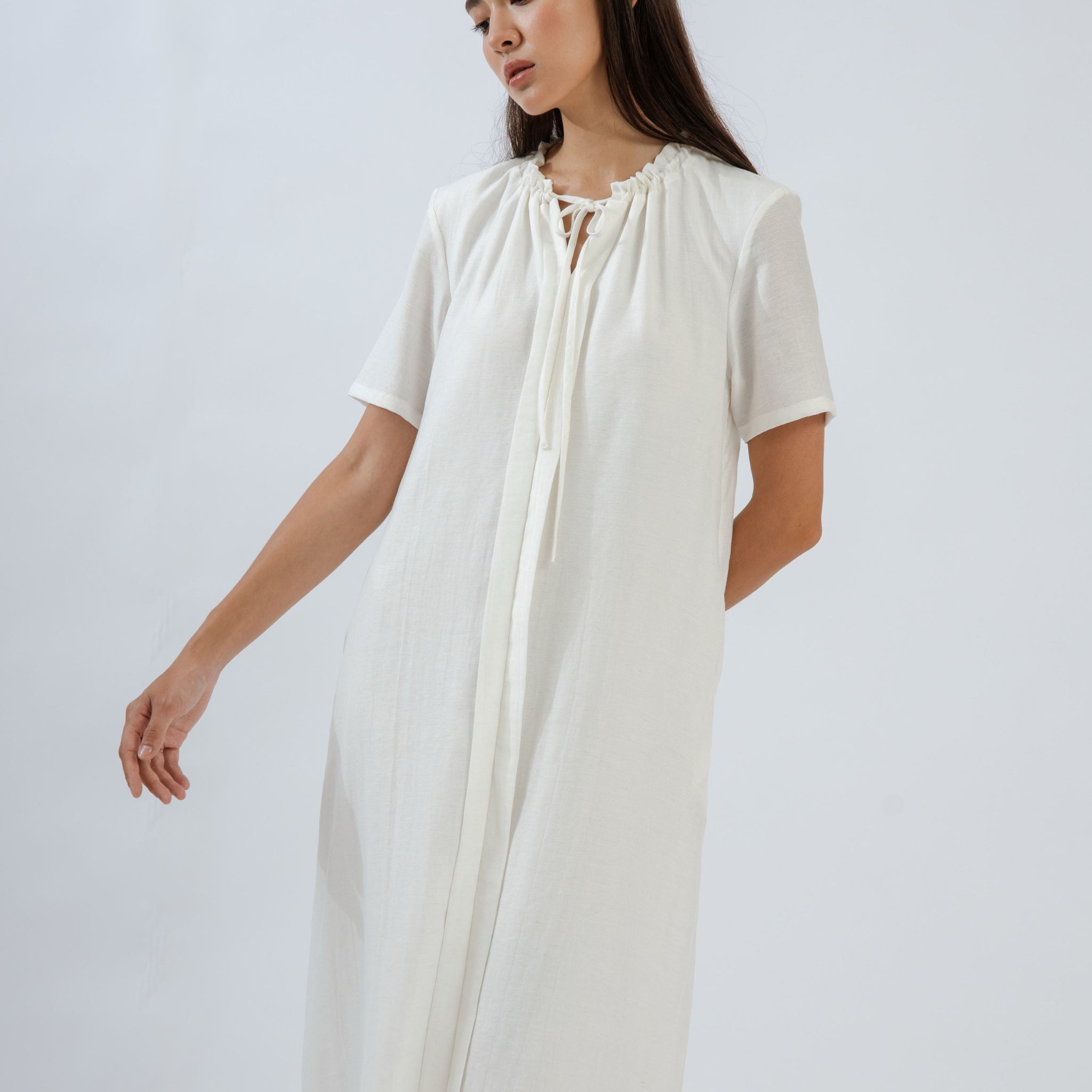 Gathered Neckline Short Sleeve Dress (Ivory)