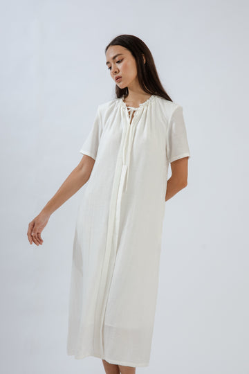 Gathered Neckline Short Sleeve Dress (Ivory)