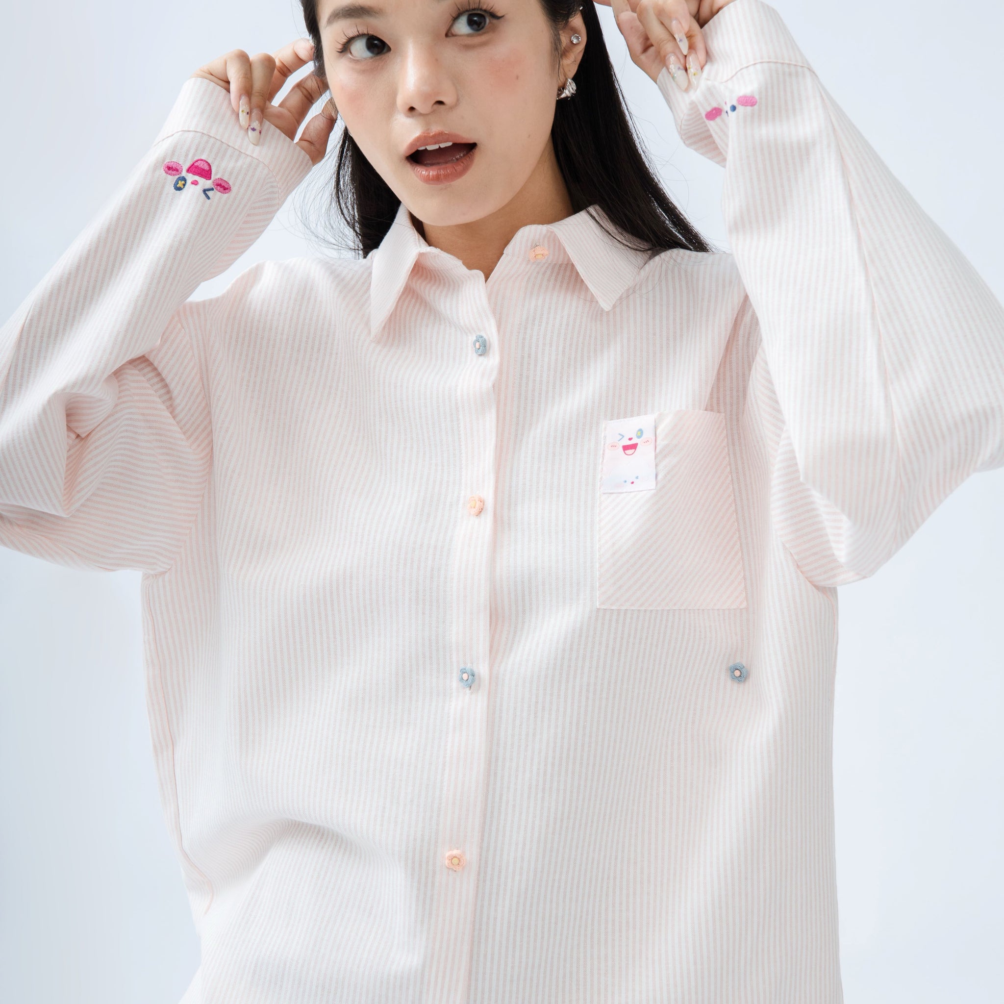 Flower Button Stripes Shirt (Pink Stripes)