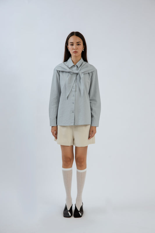 Front-Tie Collared Long Sleeve Blouse (Ash Blue)