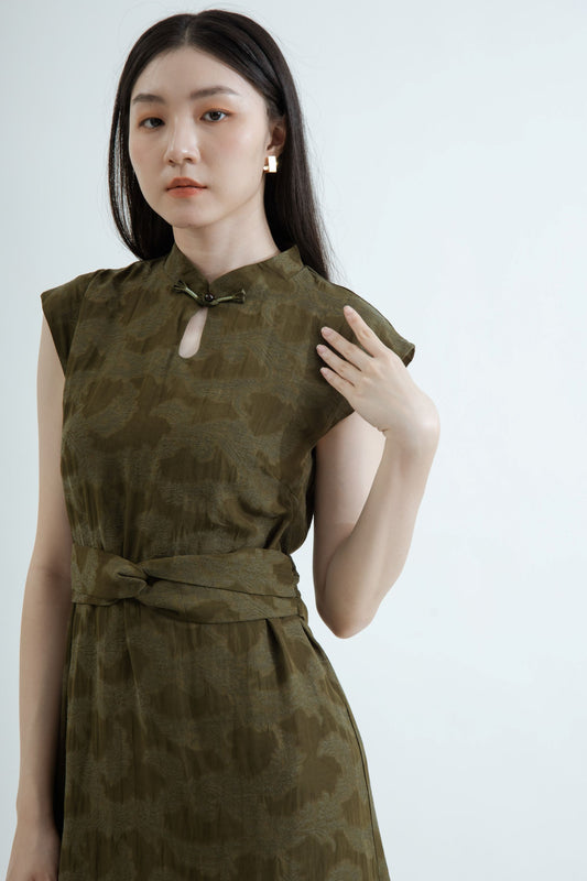 Waist-Tie Sleeveless Cheongsam Dress (Dark Green)