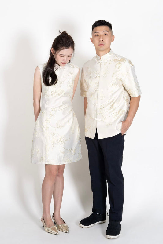 Menswear Floral Gold Embroidery Tang Suit (Beige)