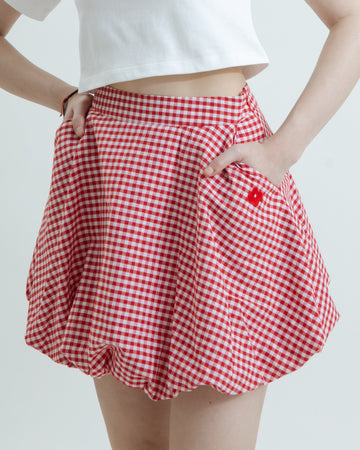 LULU Flower Embroidery Mini Plaid Balloon Skirt (Red Plaid)