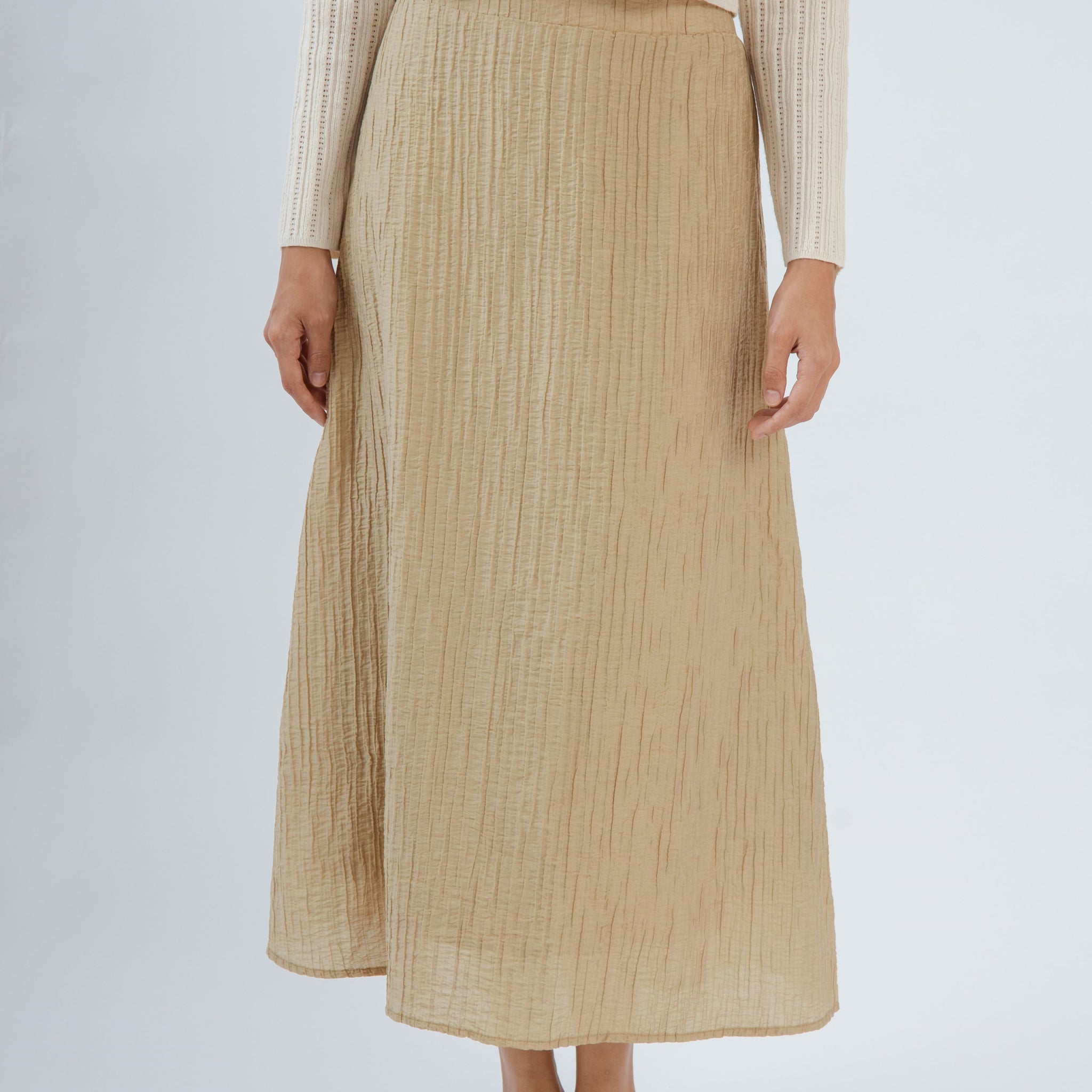 Wrinkle Back Elastic Midi Skirt (Khaki)