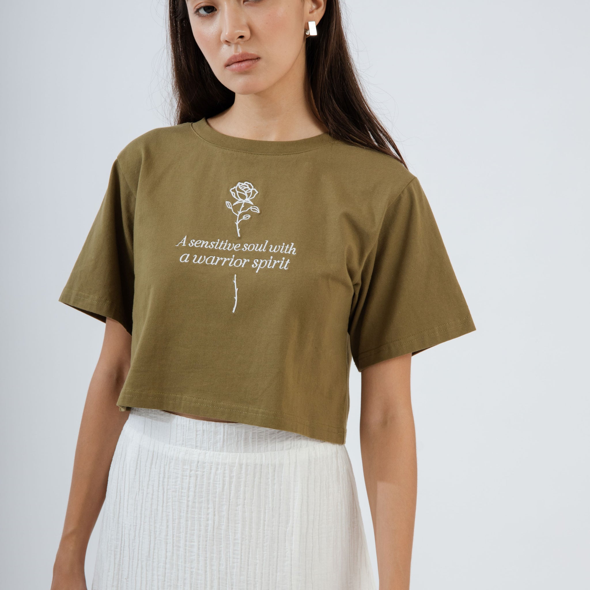 A Sensitive Soul With A Warrior Spirit Crop Tee (Olive Green)