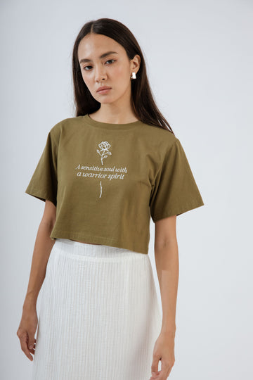 A Sensitive Soul With A Warrior Spirit Crop Tee (Olive Green)