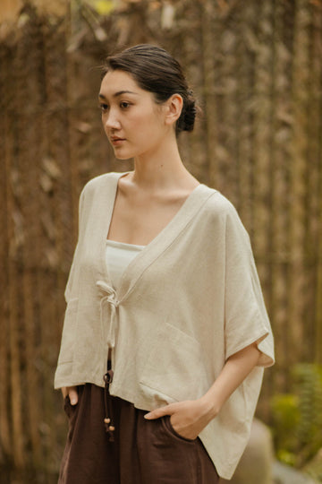 Kimono Ribbon-Tie Top (Beige)