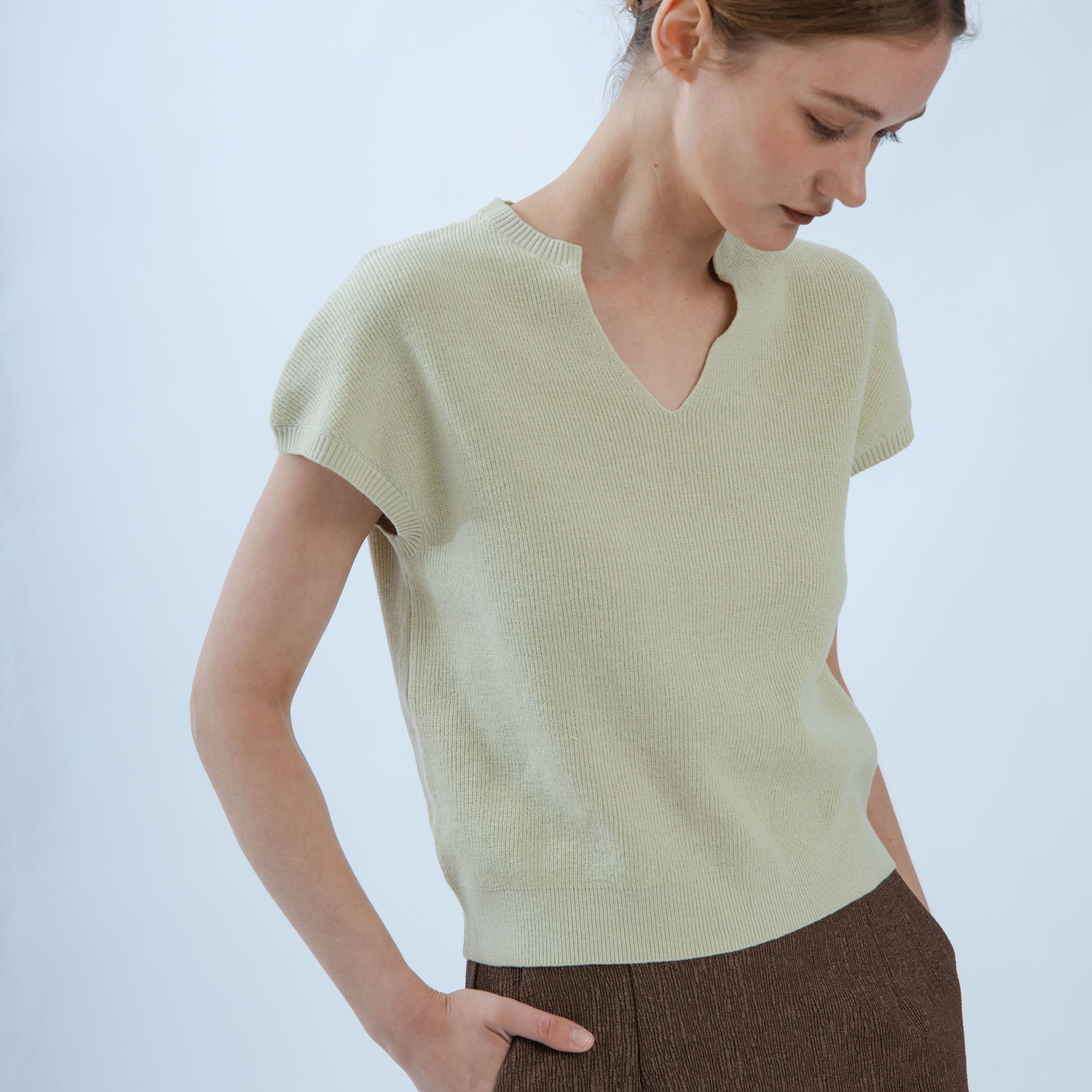 Open V Neck Knit Top (Sage)
