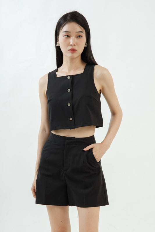 Square Neck Button Sleeveless Top (Black)