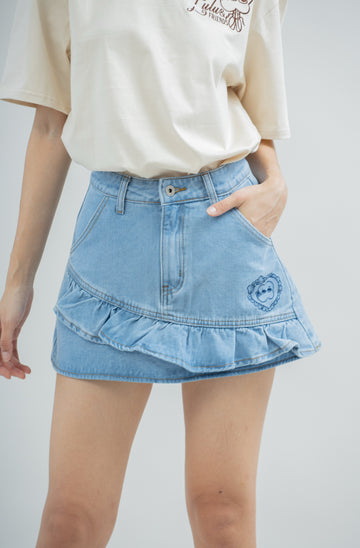 LULU Denim Embroidery Ruffled Skirt (Denim)