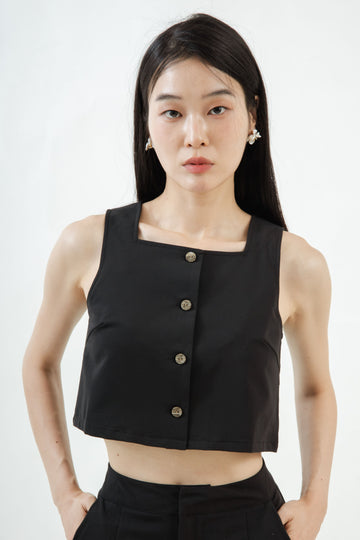 Square Neck Button Sleeveless Top (Black)