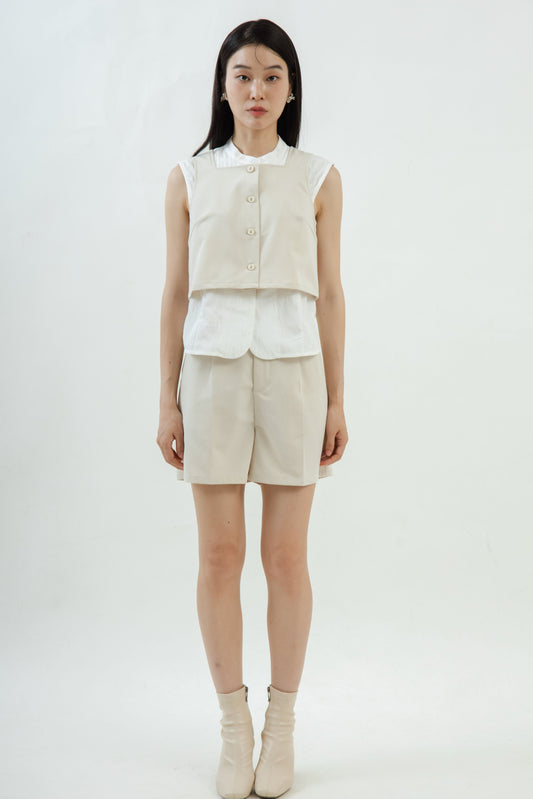Square Neck Button Sleeveless Top (Khaki)