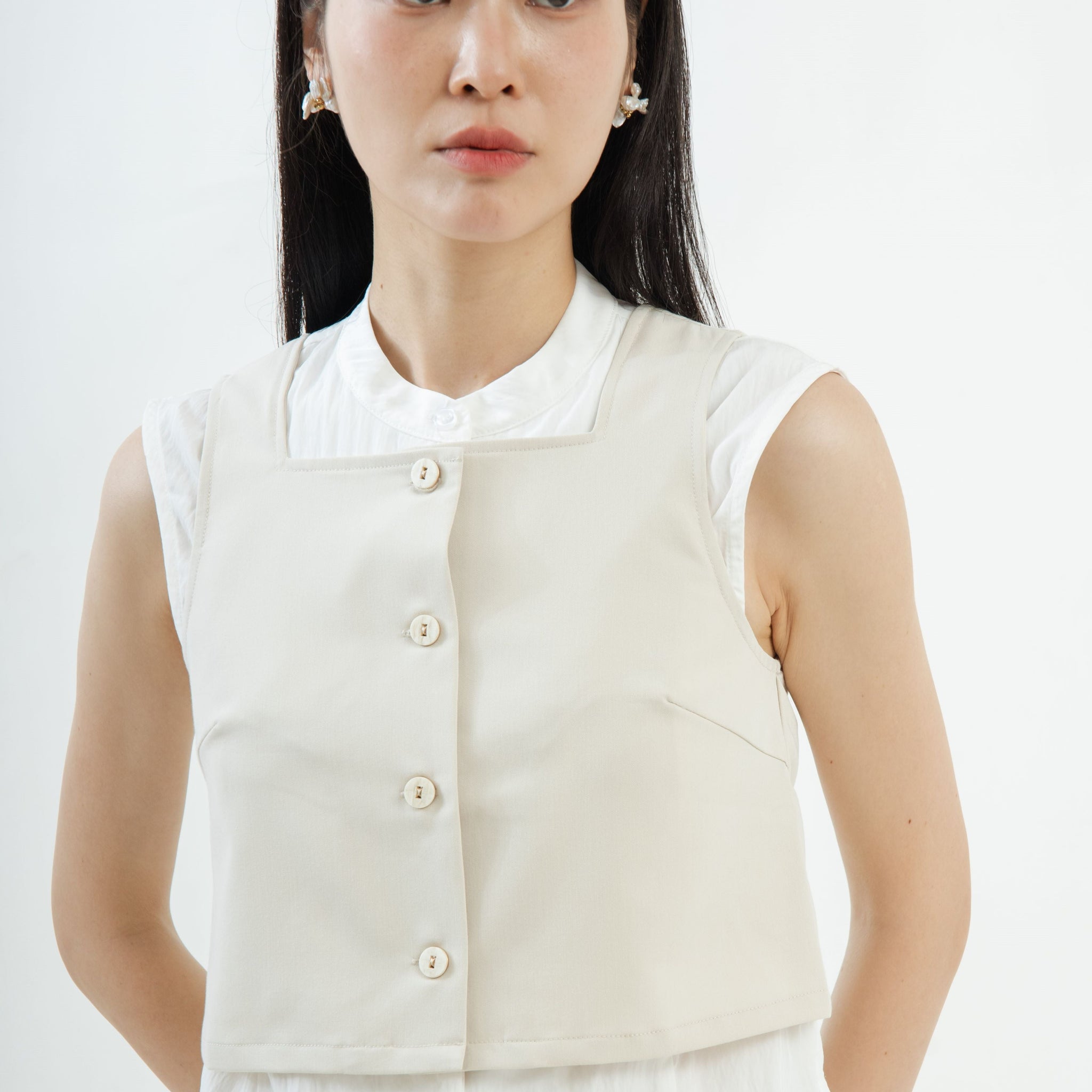 Square Neck Button Sleeveless Top (Khaki)