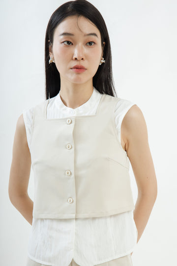 Square Neck Button Sleeveless Top (Khaki)