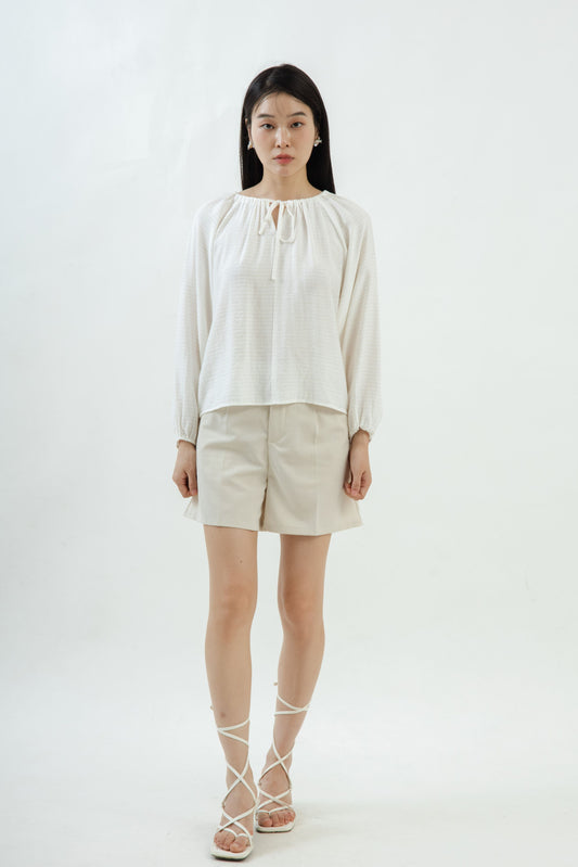 Drawstring Long Sleeve Blouse (Beige Stripes)