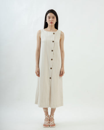 Sleeveless Striped Button Maxi Dress (Beige)