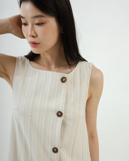 Sleeveless Striped Button Maxi Dress (Beige)