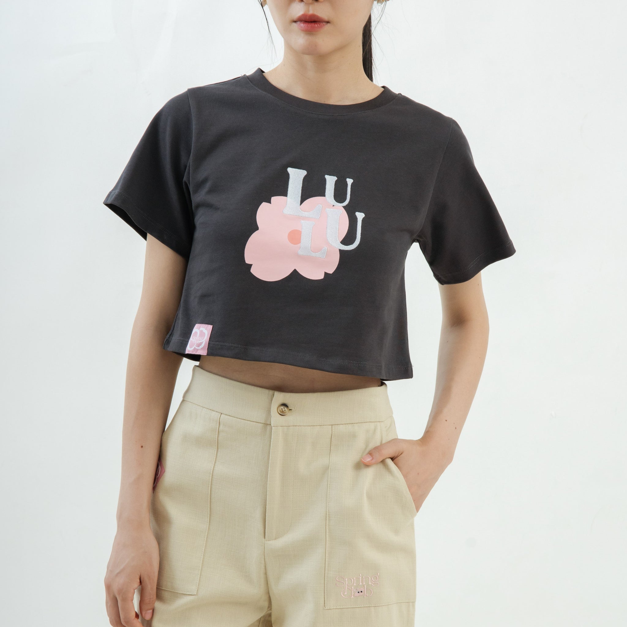 LULU Blooming Embroidery Crop Tee (Grey)