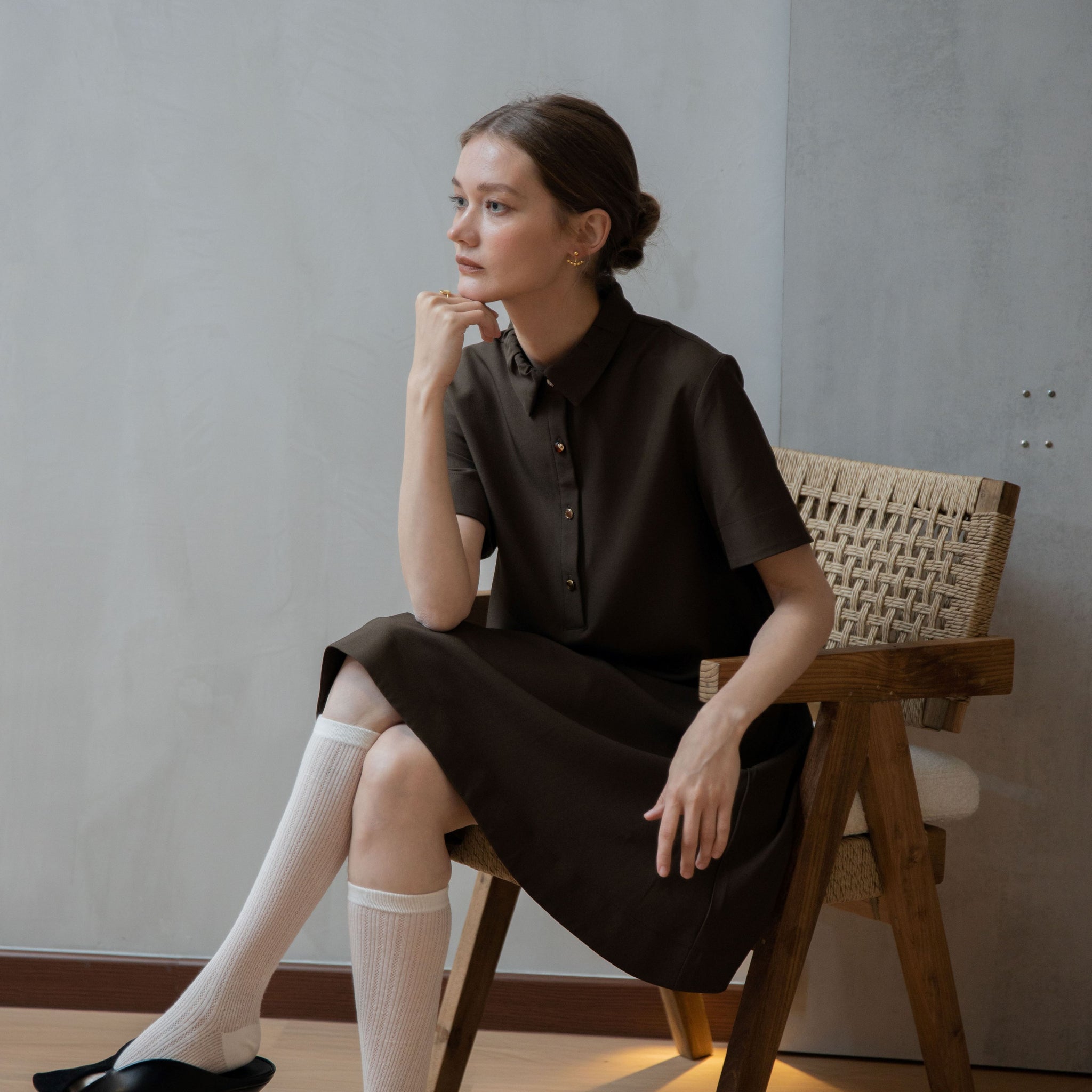 Collar Pleated Flare Dress (Dark Brown)