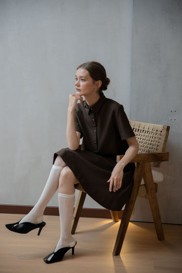 Collar Pleated Flare Dress (Dark Brown)