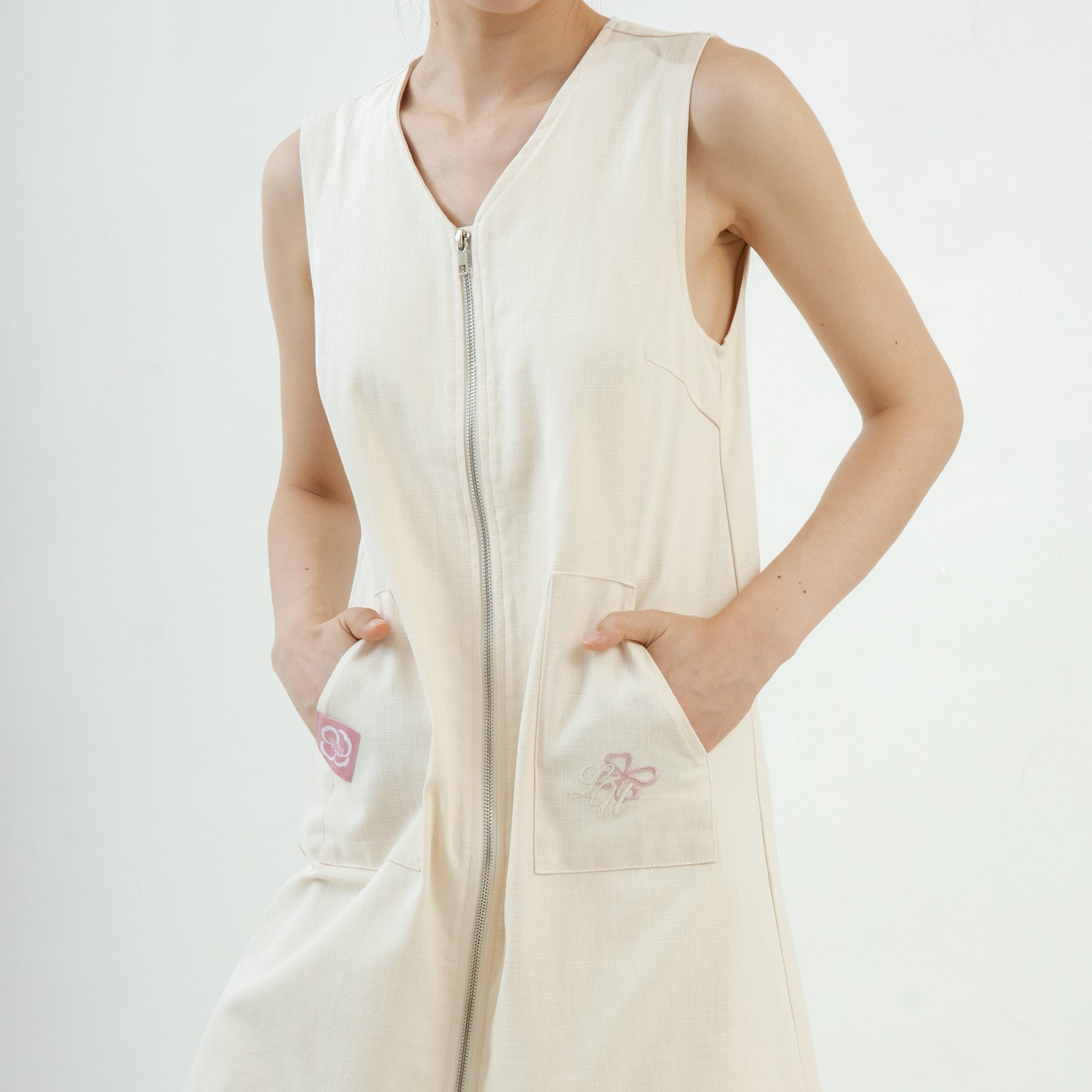 LULU Embroidery Pocket Zipper Dress (Beige)