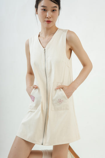 LULU Embroidery Pocket Zipper Dress (Beige)
