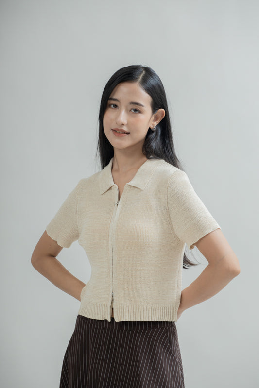 Short Sleeve Zipper Knit Polo (Cream)