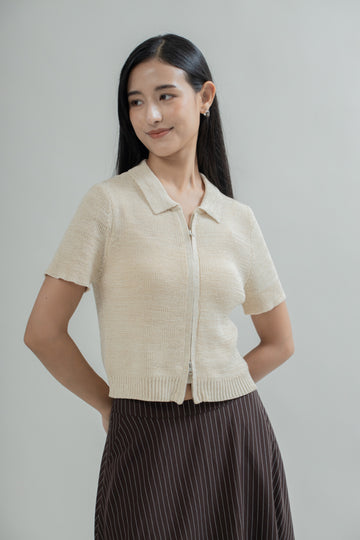 Short Sleeve Zipper Knit Polo (Cream)