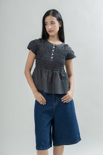 Margot Smocked Peplum Top (Dark Grey)