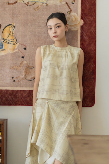 Sketchline Pleated Neck Sleeveless Top (Beige Stripes)