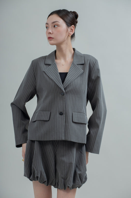 Pinstripe Button Tailored Blazer (Black Stripes)