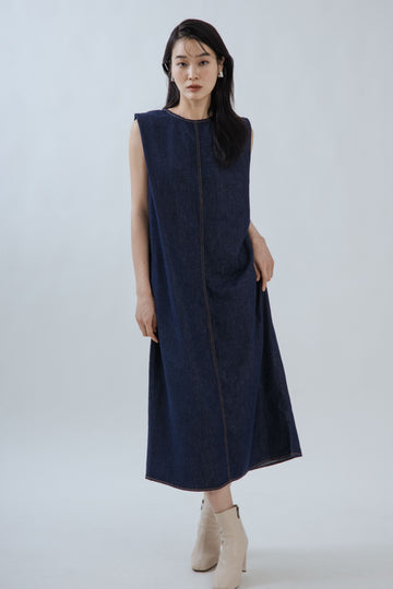 Boxy Straight Cut Denim Dress (Denim)