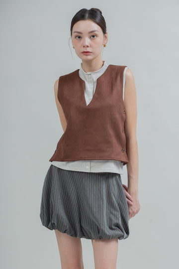 Suede Side-Button V Neck Top (Brown)