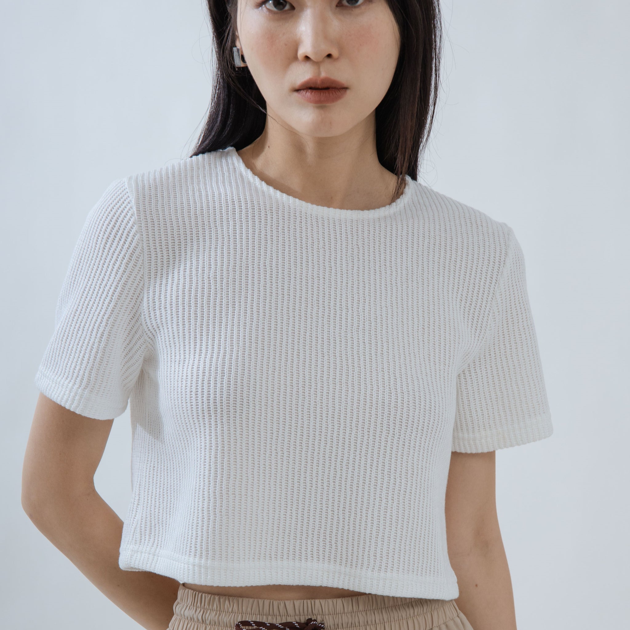 Ribbed Texture Short Sleeve Top (White)