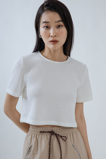Ribbed Texture Short Sleeve Top (White)