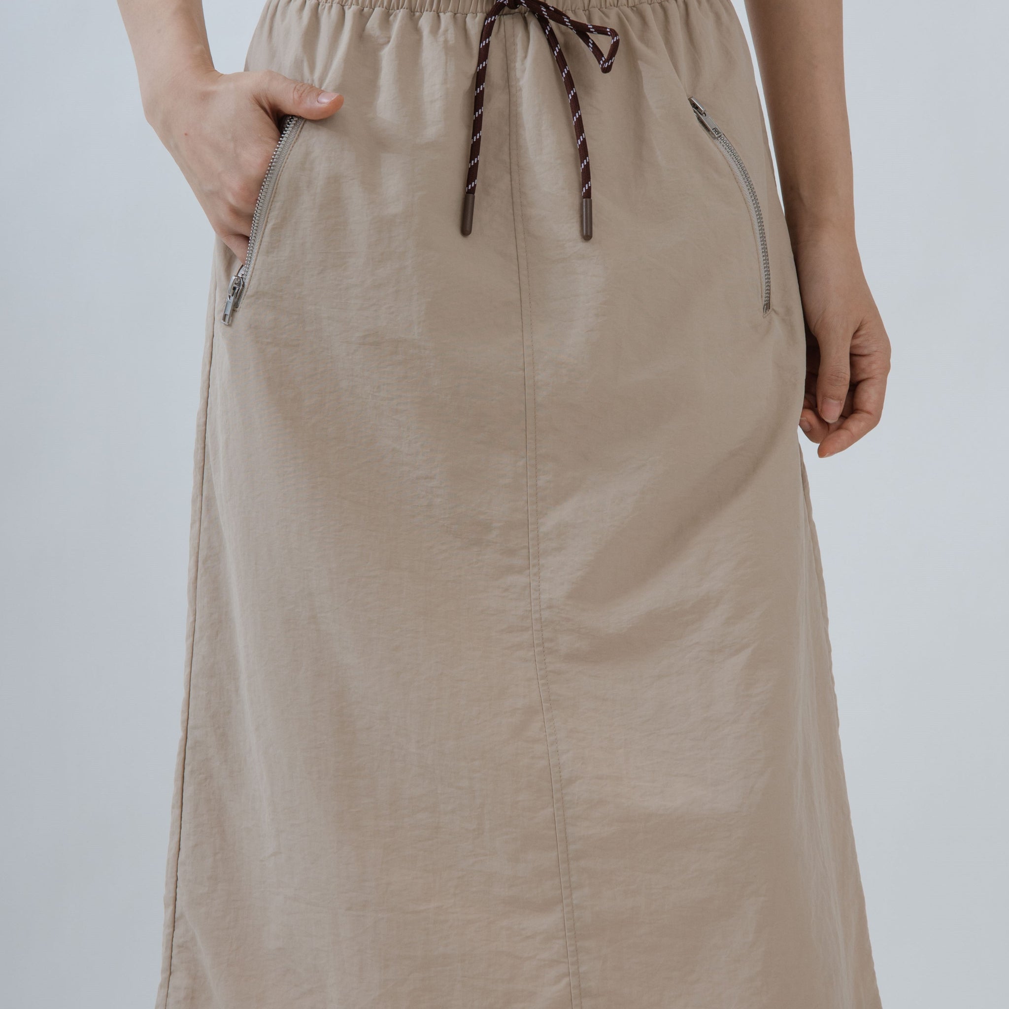 Casual Drawstring Cargo Midi Skirt (Khaki)